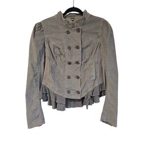 Free People Grey Corduroy Ruffle Peplum Jacket Double Breasted Size 10 Womens